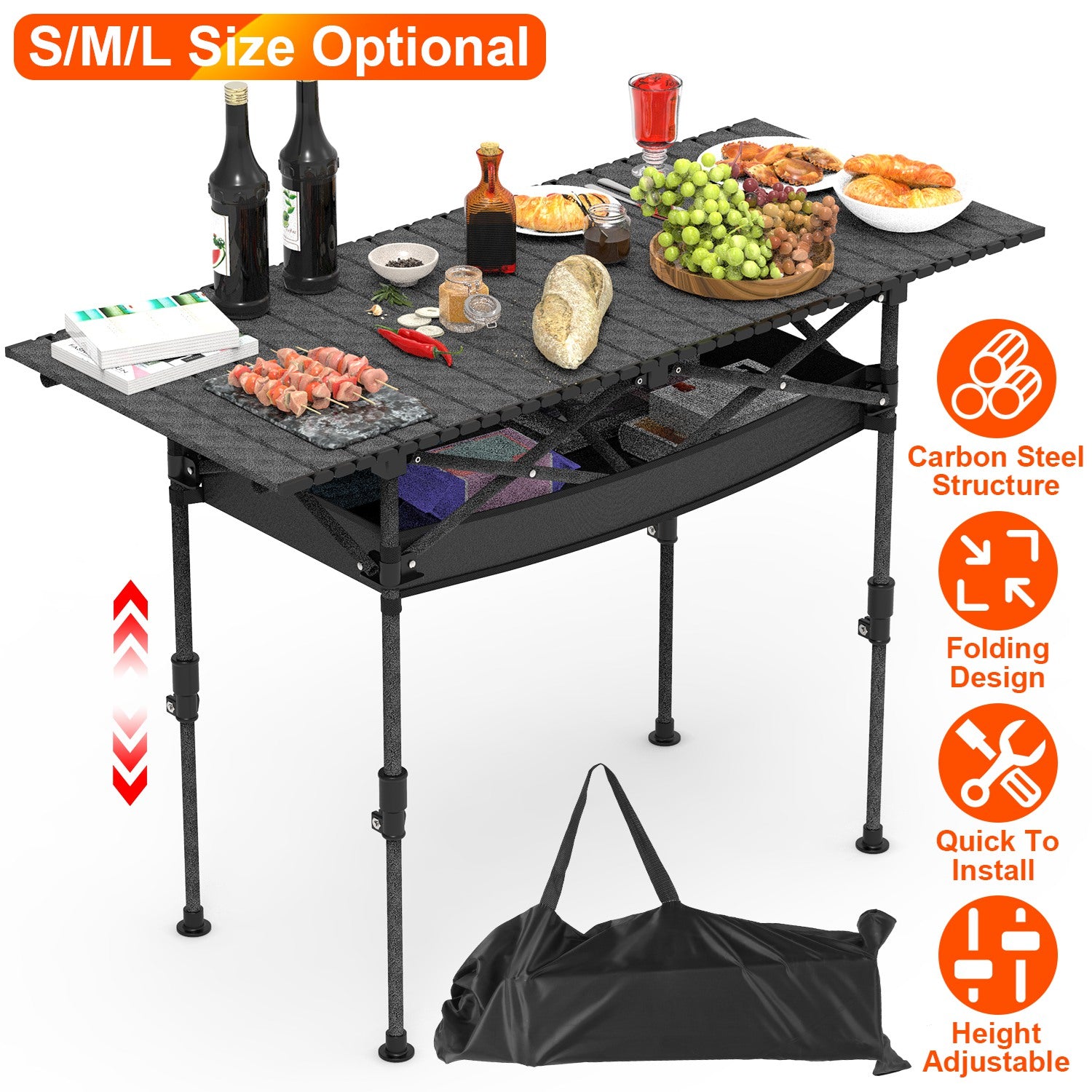 S-M-L Size Options Portable Folding Camping Table with Adjustable Height Rustproof Carbon Steel Foldable Roll-Up Camping Table for Picnic Camping Hiking Beach BBQ 55LBS Max Load