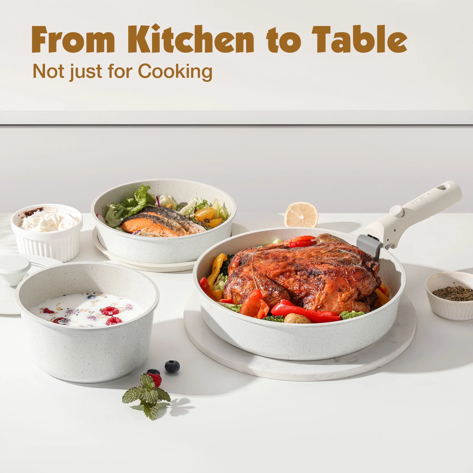 Nonstick Cookware Sets with Detachable Handles, 17Pcs Granite Pots and Pans Set, Induction Kitchen Cookware Sets Stackable White