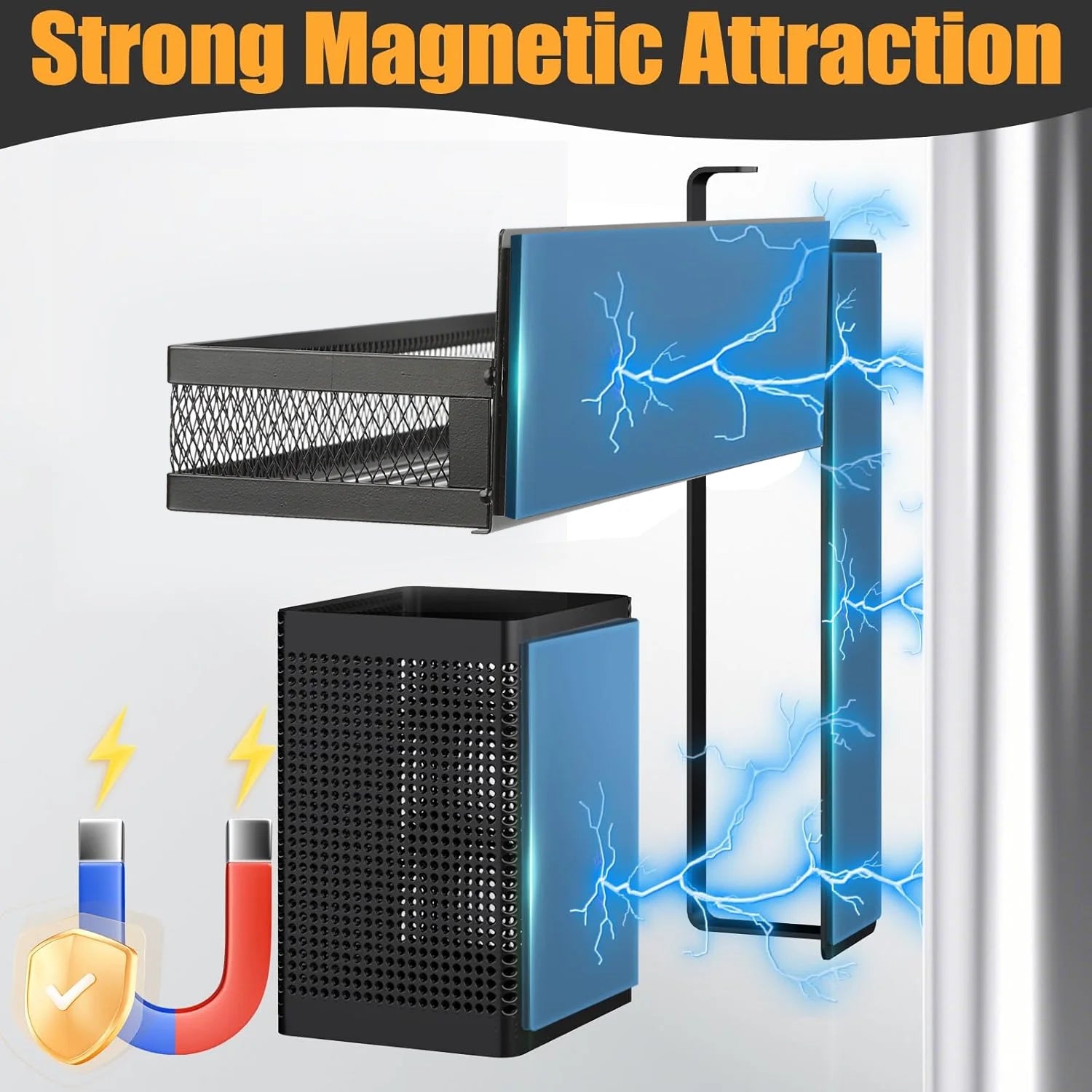 Magnetic Spice Rack Organizer,  6 Pack Moveable Fridge Spice Shelves for Refrigerator, Strong Magnetic Metal Refrigerator Shelf Organizer with Paper Towel Holder, Utensils Holder, Black