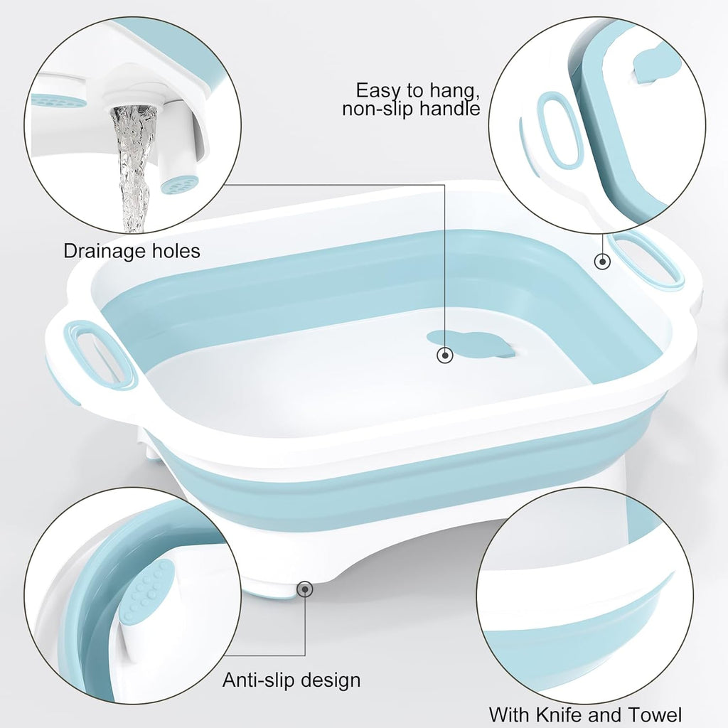 Collapsible Cutting Board, Camping Cutting Board with Knife,Multifunctional Kitchen Vegetable Washing Basket Silicone Dish Tub for Camping Kitchen Essentials/Bbq Prep Tub/Rv Accessories