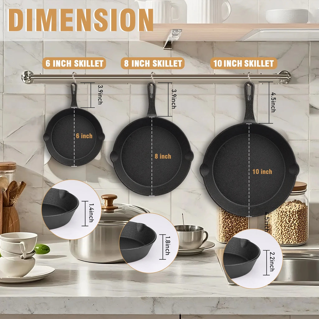Cast Iron Skillet Set,  3-Piece Pre-Seasoned Pan Cookware Set, 10", 8", 6" Frying Pans with Handles, Heavy-Duty Cookware Set with Non-Stick Surface for Saute, Cooking, Pizza