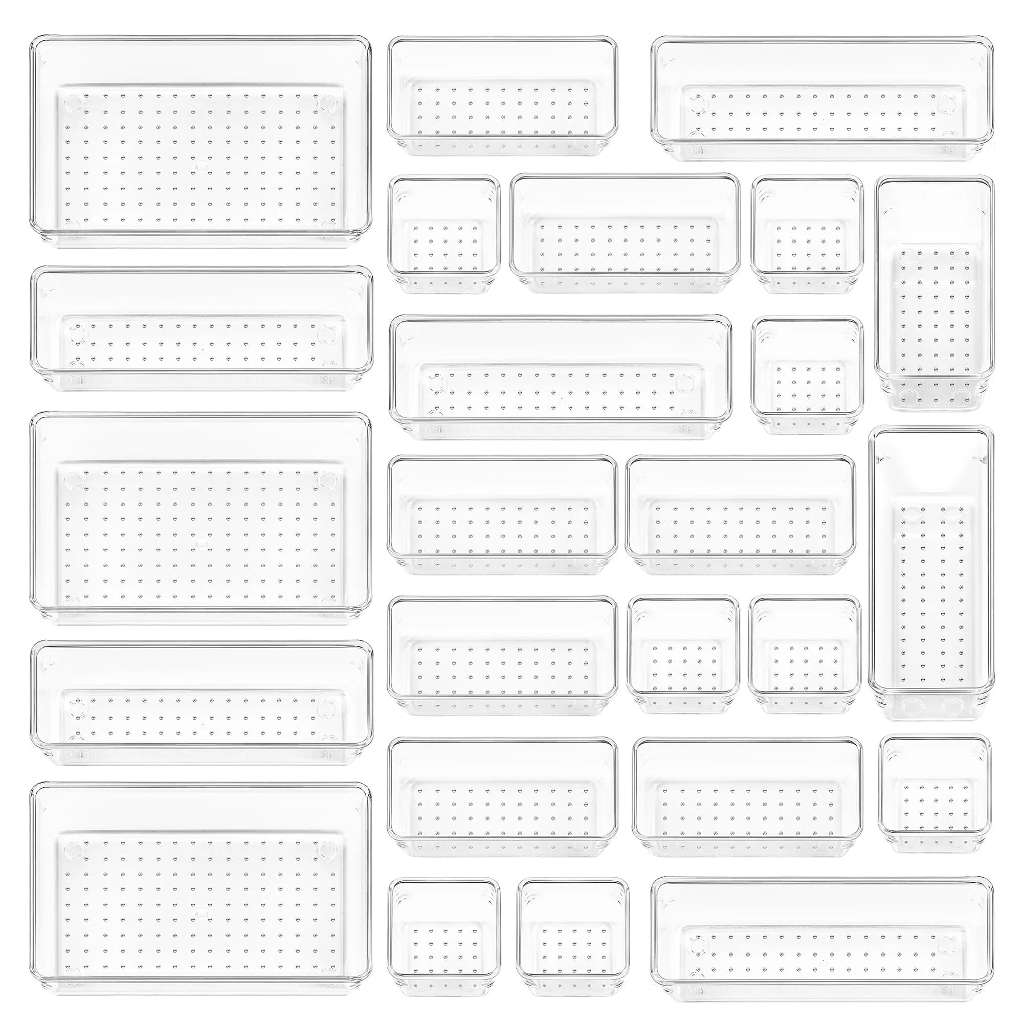 25 PCS Clear Plastic Drawer Organizers Set,  4-Size Versatile Bathroom and Vanity Trays