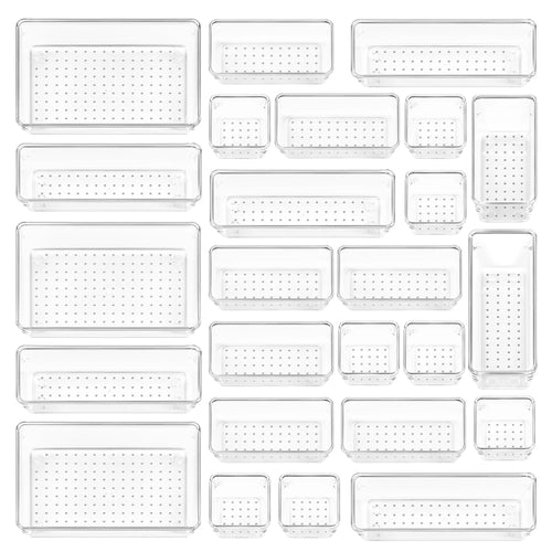 25 PCS Clear Plastic Drawer Organizers Set,  4-Size Versatile Bathroom and Vanity Trays