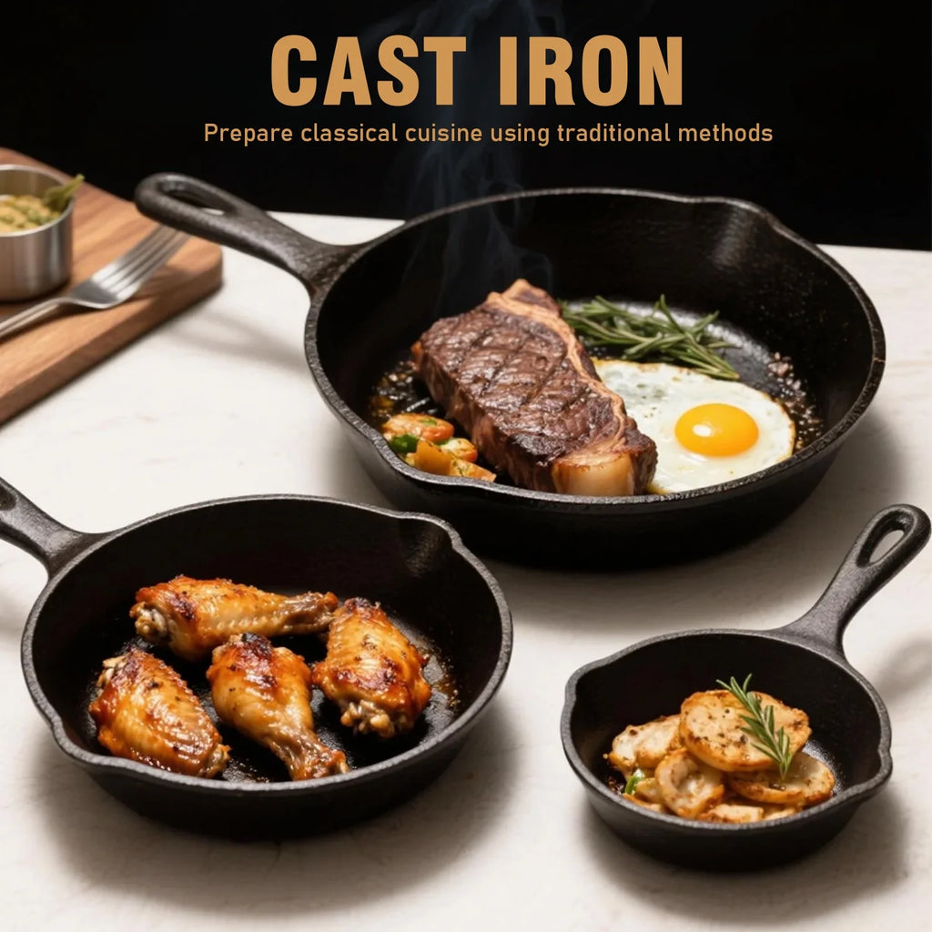 Cast Iron Skillet Set,  3-Piece Pre-Seasoned Pan Cookware Set, 10", 8", 6" Frying Pans with Handles, Heavy-Duty Cookware Set with Non-Stick Surface for Saute, Cooking, Pizza