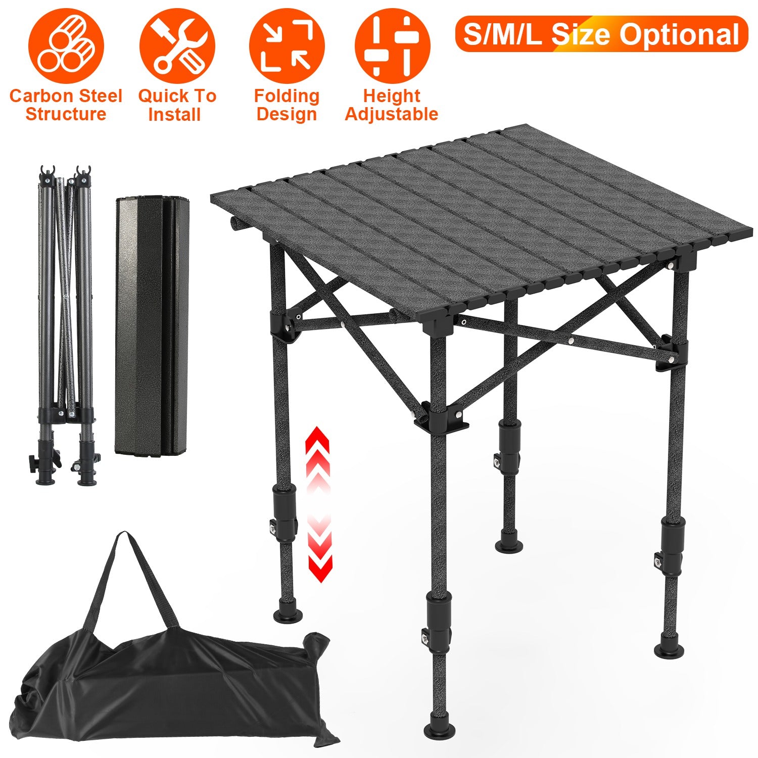 S-M-L Size Options Portable Folding Camping Table with Adjustable Height Rustproof Carbon Steel Foldable Roll-Up Camping Table for Picnic Camping Hiking Beach BBQ 55LBS Max Load