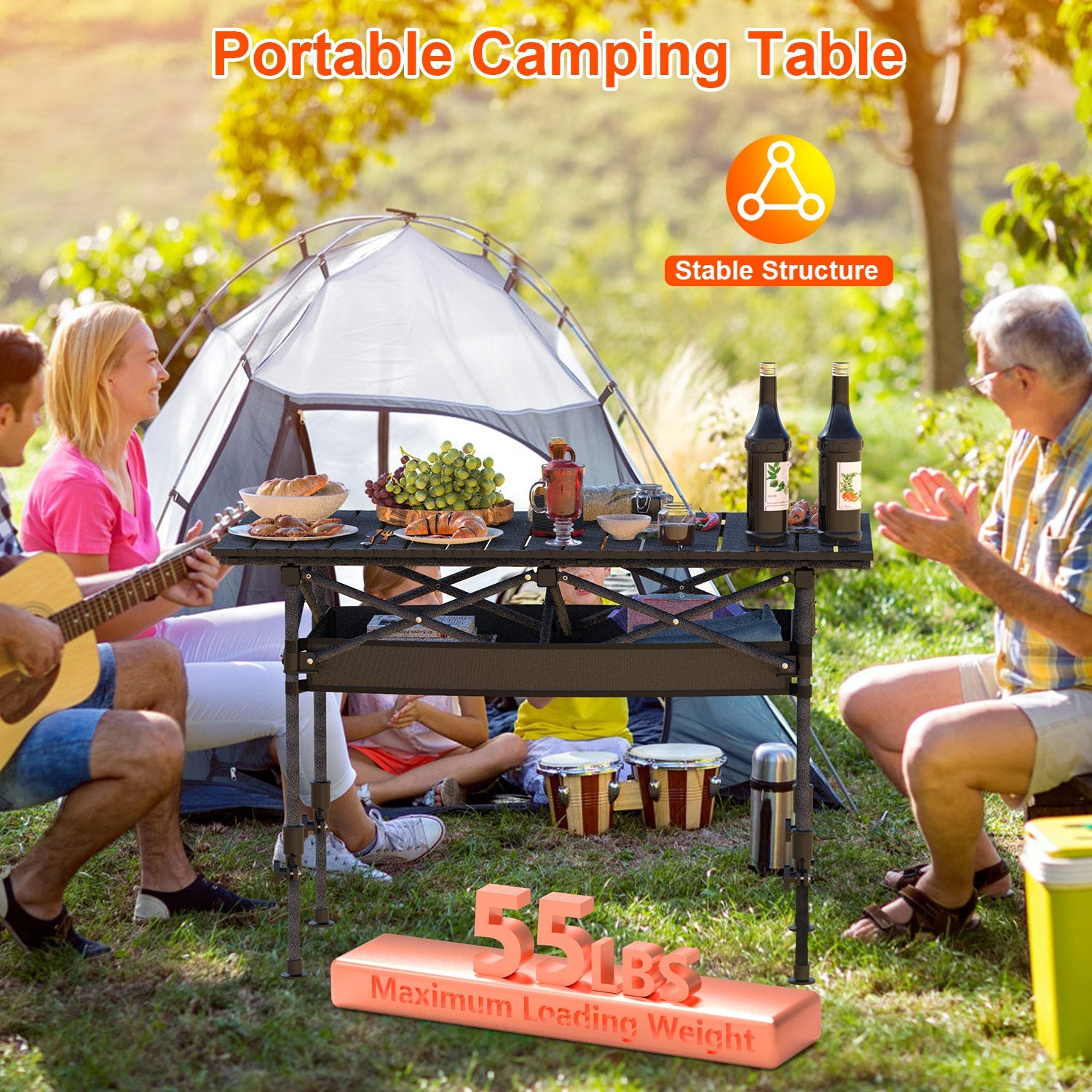 S-M-L Size Options Portable Folding Camping Table with Adjustable Height Rustproof Carbon Steel Foldable Roll-Up Camping Table for Picnic Camping Hiking Beach BBQ 55LBS Max Load