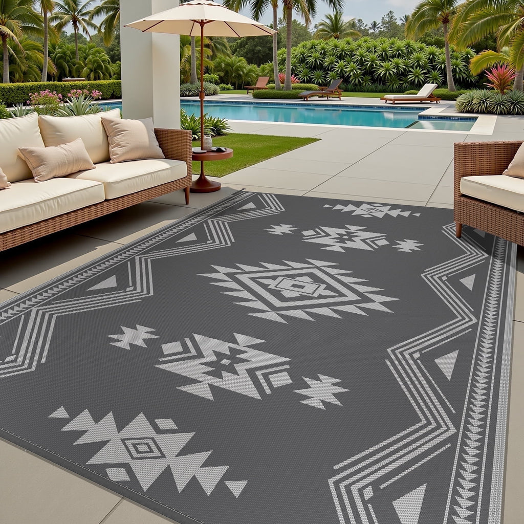 8X10 Feet Waterproof Outdoor Rug - Reversible Gray Plastic Patio Mat, Non-Slip Durable Moroccan Geometric Design for Camping, RV, Balcony, Porch, Picnic