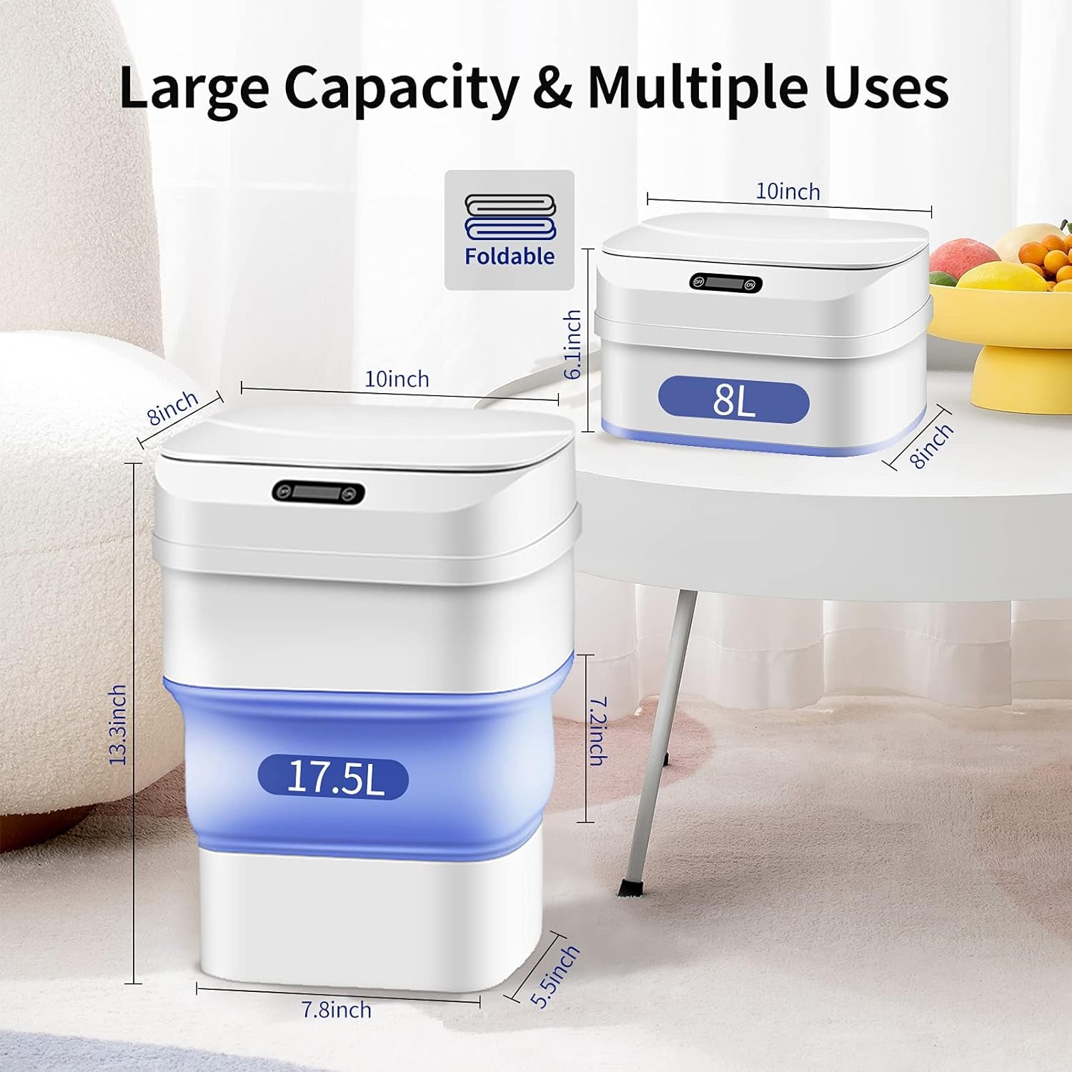 Trash Can with Lid Touchless Automatic Motion Sensor Smart Kitchen Trash Can, Garbage Can White Trash Can Foldable Trash Bin for Kitchen Bedroom Bathroom Office Car(4.6 Gal/17.5 L)