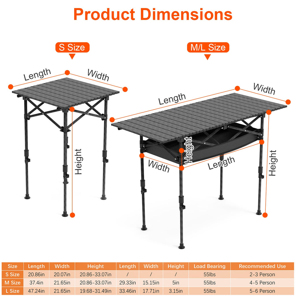 S-M-L Size Options Portable Folding Camping Table with Adjustable Height Rustproof Carbon Steel Foldable Roll-Up Camping Table for Picnic Camping Hiking Beach BBQ 55LBS Max Load
