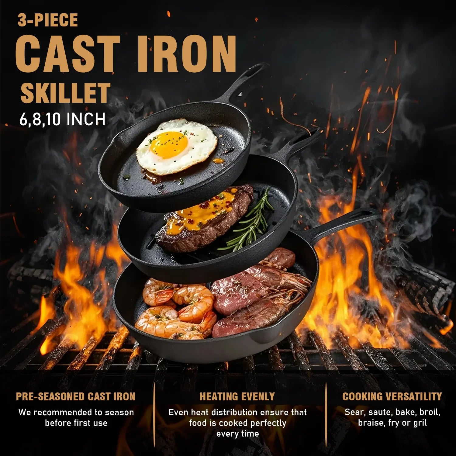 Cast Iron Skillet Set,  3-Piece Pre-Seasoned Pan Cookware Set, 10", 8", 6" Frying Pans with Handles, Heavy-Duty Cookware Set with Non-Stick Surface for Saute, Cooking, Pizza