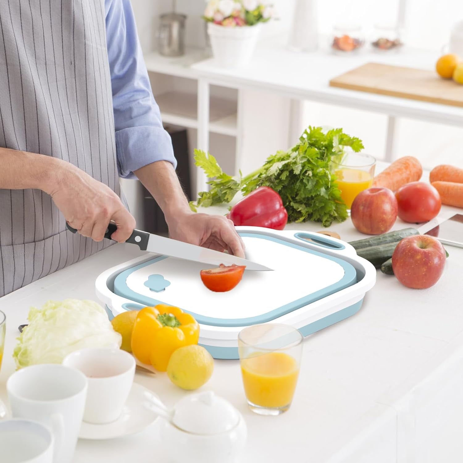 Collapsible Cutting Board, Camping Cutting Board with Knife,Multifunctional Kitchen Vegetable Washing Basket Silicone Dish Tub for Camping Kitchen Essentials/Bbq Prep Tub/Rv Accessories