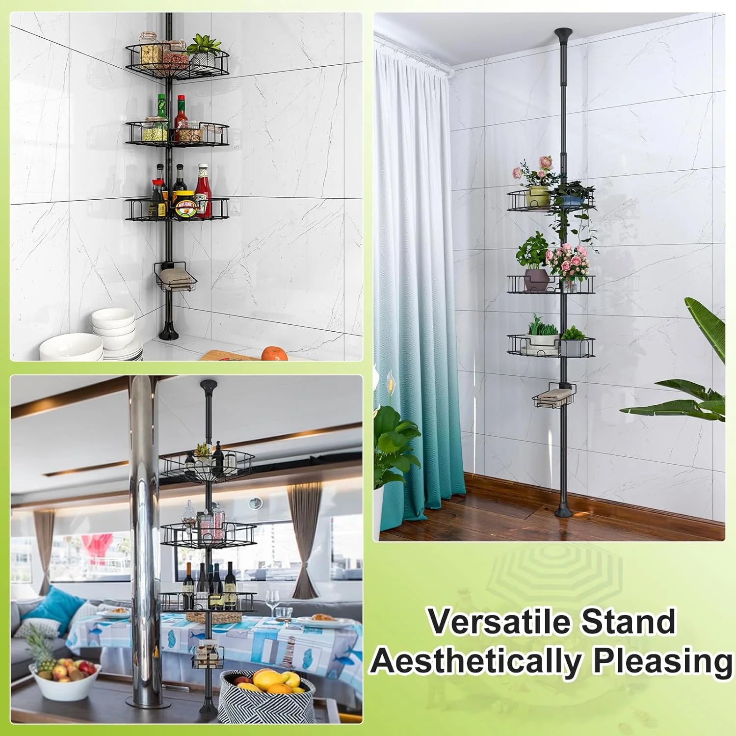 Corner Shower Caddy Tension Pole, Rustproof Stainless Steel Tension Rod Corner Shower Caddy for Shower Organizer,Adjustable Floor to Ceiling Stand Shower Shelves for Bathroom Bathtub