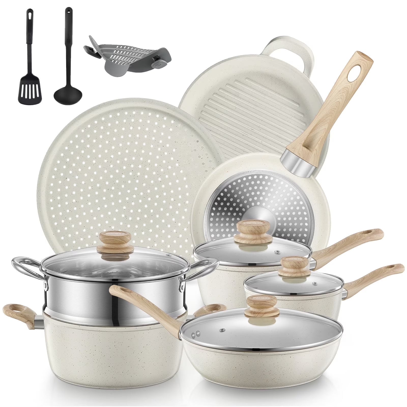 15-Piece Pots and Pans Set Non Stick, Induction Kitchen Cookware Sets, Aluminum, Beige