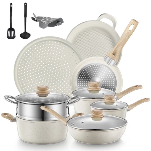 15-Piece Pots and Pans Set Non Stick, Induction Kitchen Cookware Sets, Aluminum, Beige