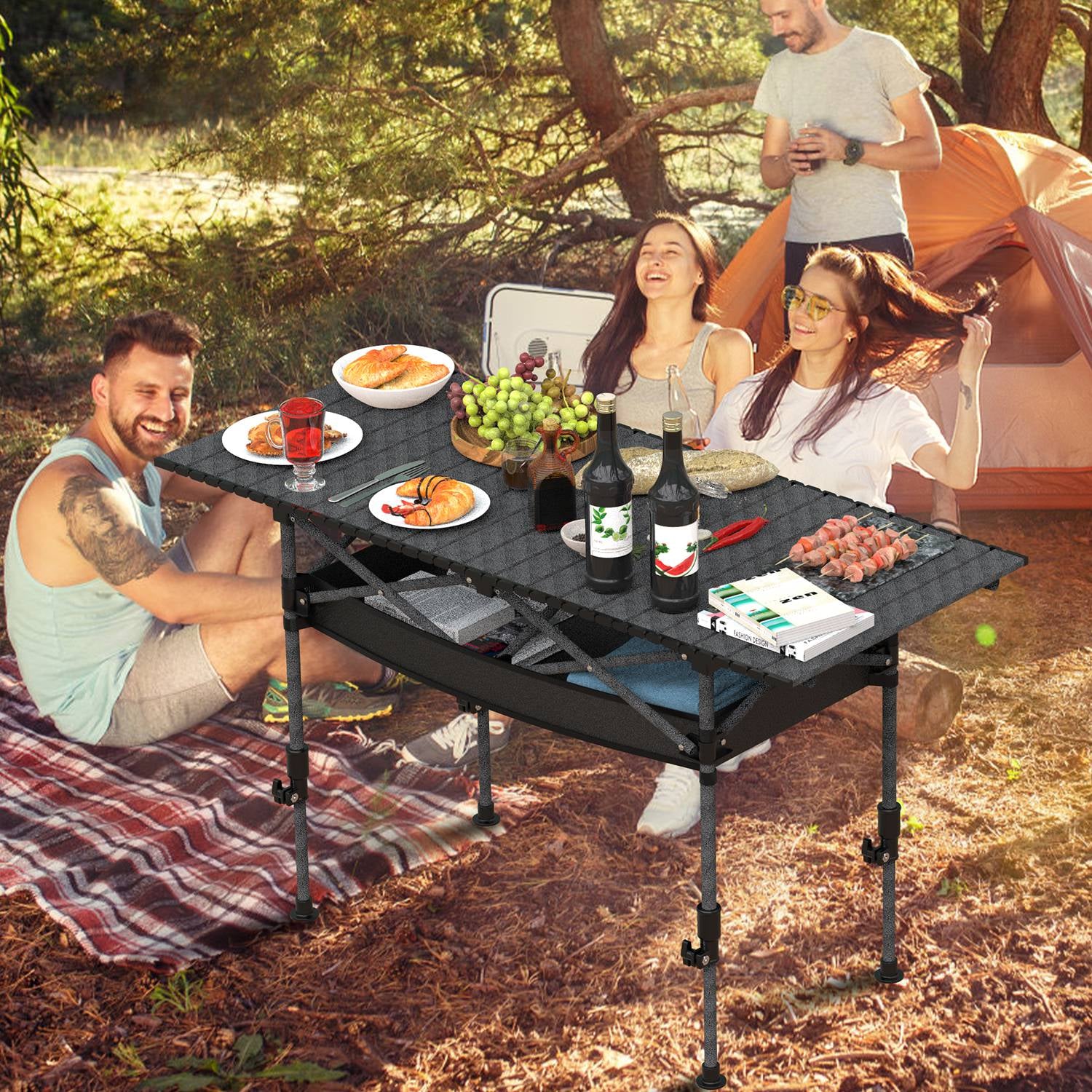 S-M-L Size Options Portable Folding Camping Table with Adjustable Height Rustproof Carbon Steel Foldable Roll-Up Camping Table for Picnic Camping Hiking Beach BBQ 55LBS Max Load