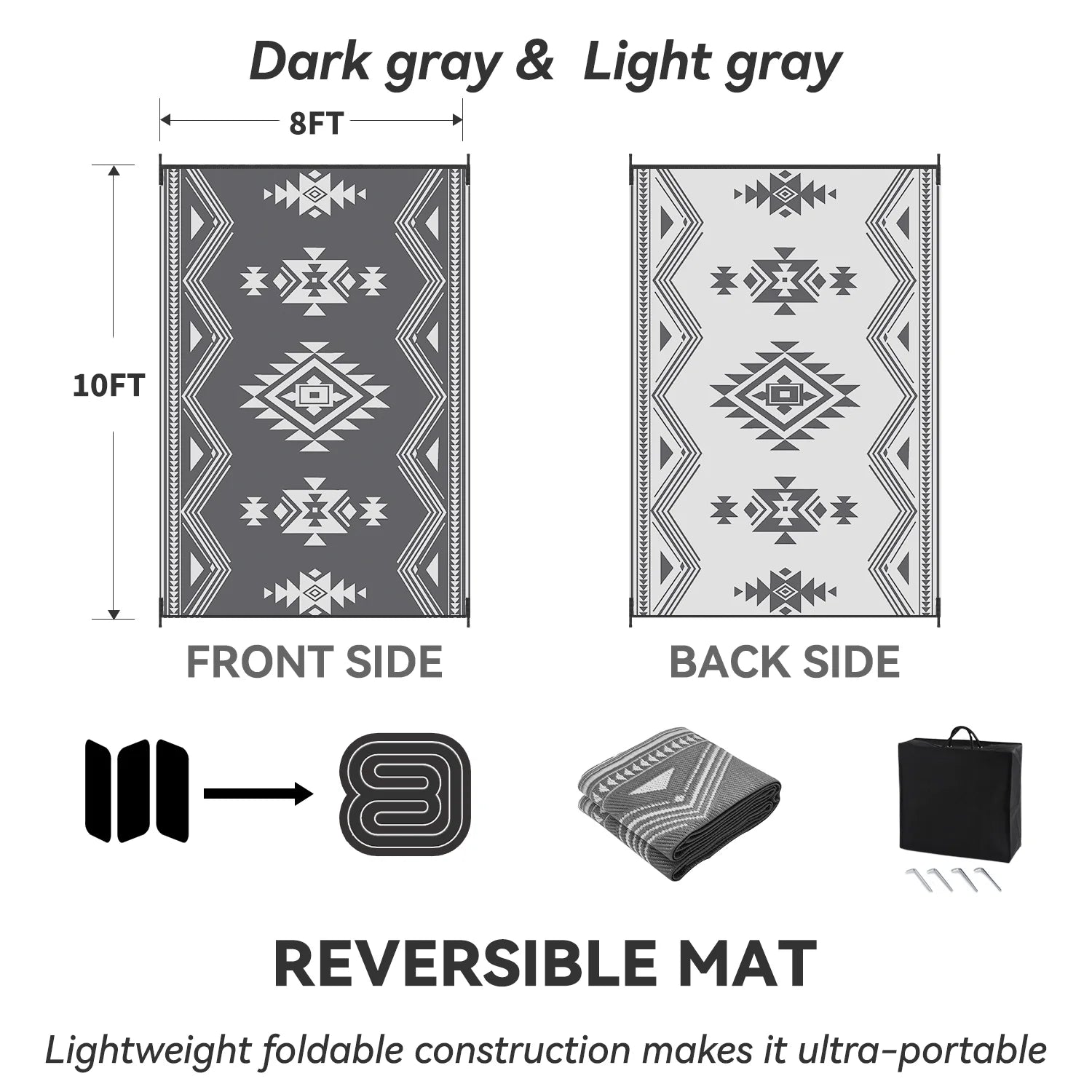 8X10 Feet Waterproof Outdoor Rug - Reversible Gray Plastic Patio Mat, Non-Slip Durable Moroccan Geometric Design for Camping, RV, Balcony, Porch, Picnic