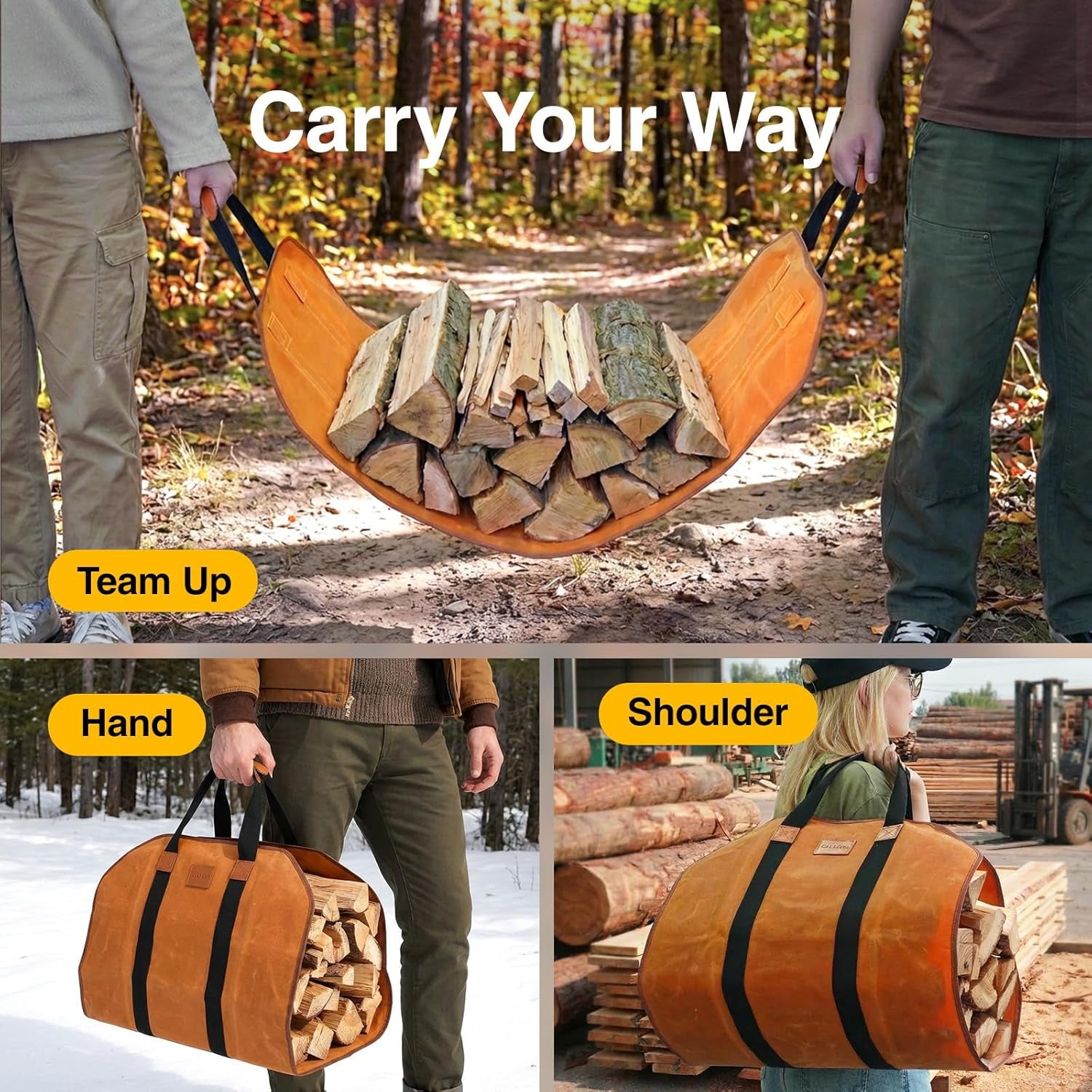Firewood Carrier Waxed Canvas, 20Oz Heavy Duty and Large Capacity Firewood Log Tote Bag for Wood Carrying, 21'' × 44''