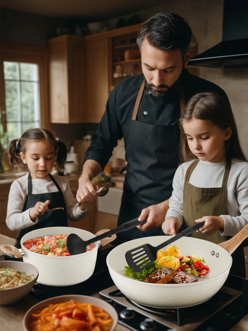 15-Piece Pots and Pans Set Non Stick, Induction Kitchen Cookware Sets, Aluminum, Beige