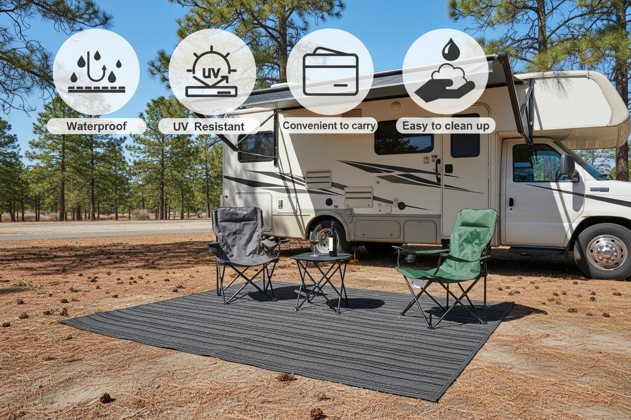 5'X 8' Outdoor Waterproof Rug Camping Mat Patio Carpet,Black&Gray