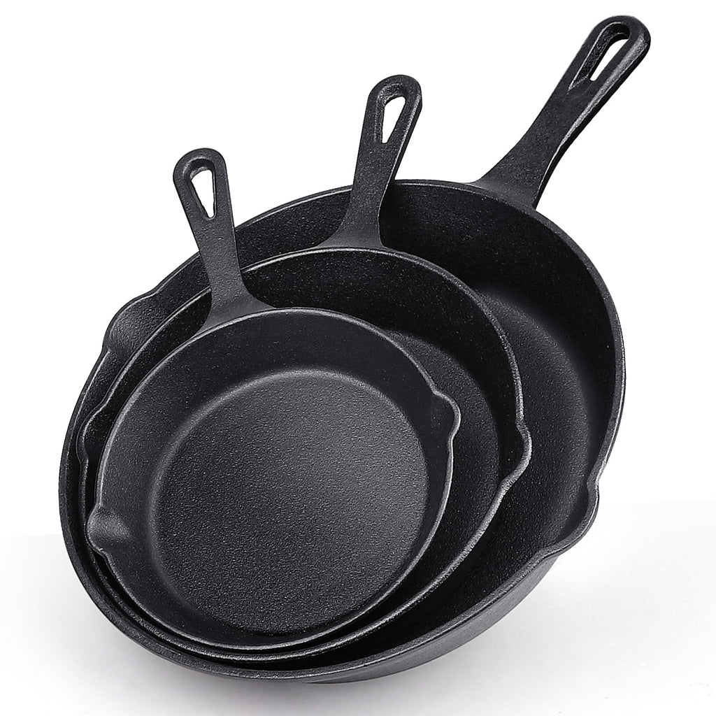 Cast Iron Skillet Set,  3-Piece Pre-Seasoned Pan Cookware Set, 10", 8", 6" Frying Pans with Handles, Heavy-Duty Cookware Set with Non-Stick Surface for Saute, Cooking, Pizza