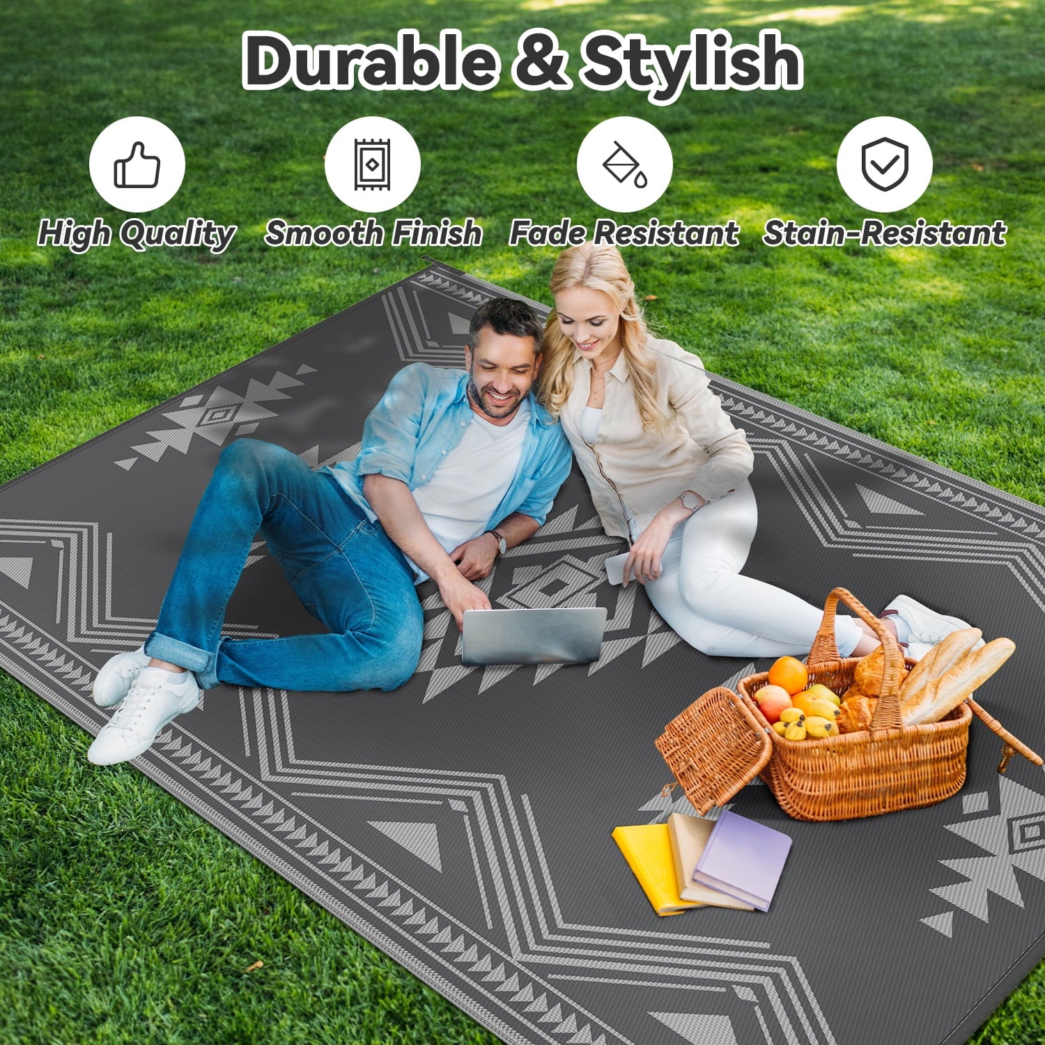 8X10 Feet Waterproof Outdoor Rug - Reversible Gray Plastic Patio Mat, Non-Slip Durable Moroccan Geometric Design for Camping, RV, Balcony, Porch, Picnic