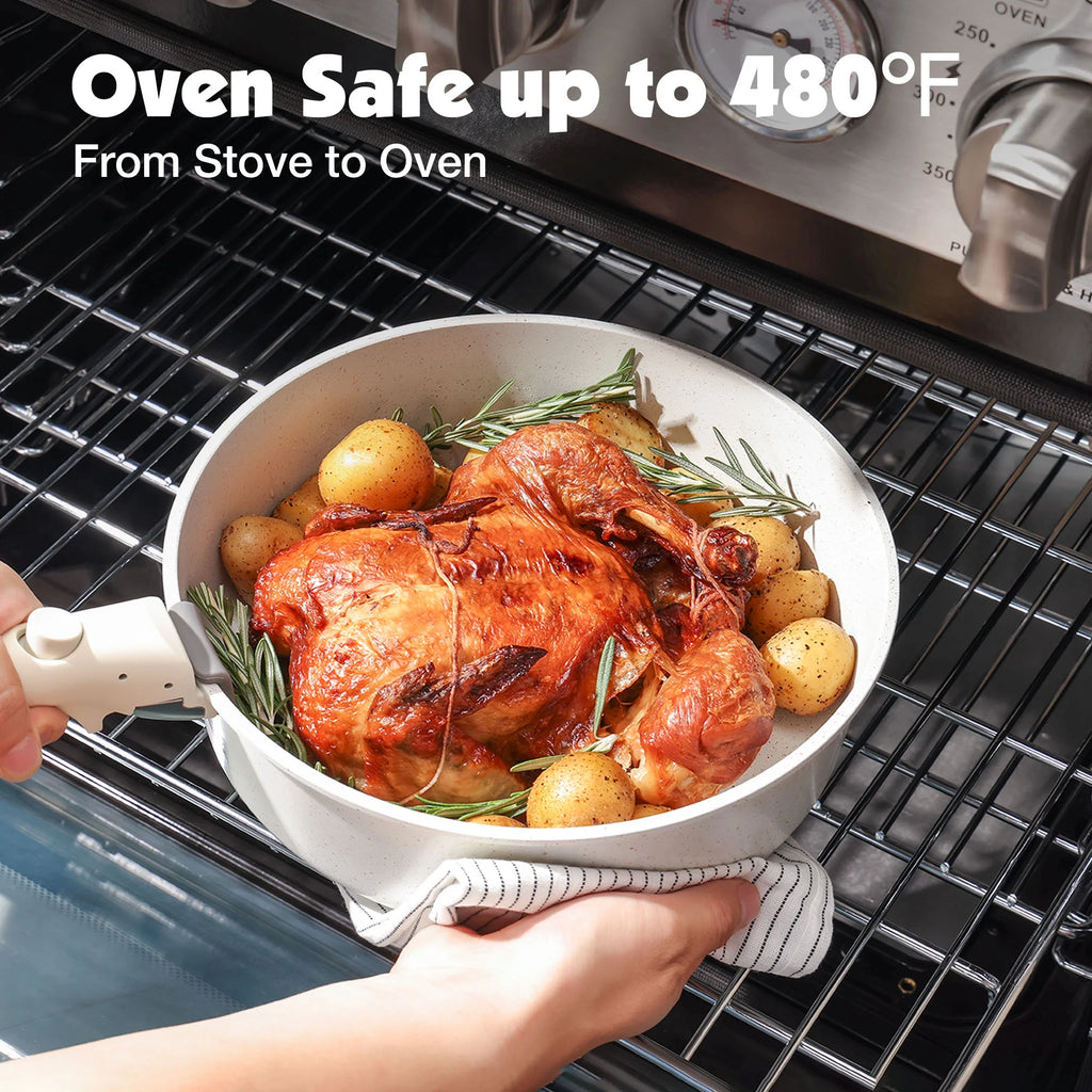 Nonstick Cookware Sets with Detachable Handles, 17Pcs Granite Pots and Pans Set, Induction Kitchen Cookware Sets Stackable White