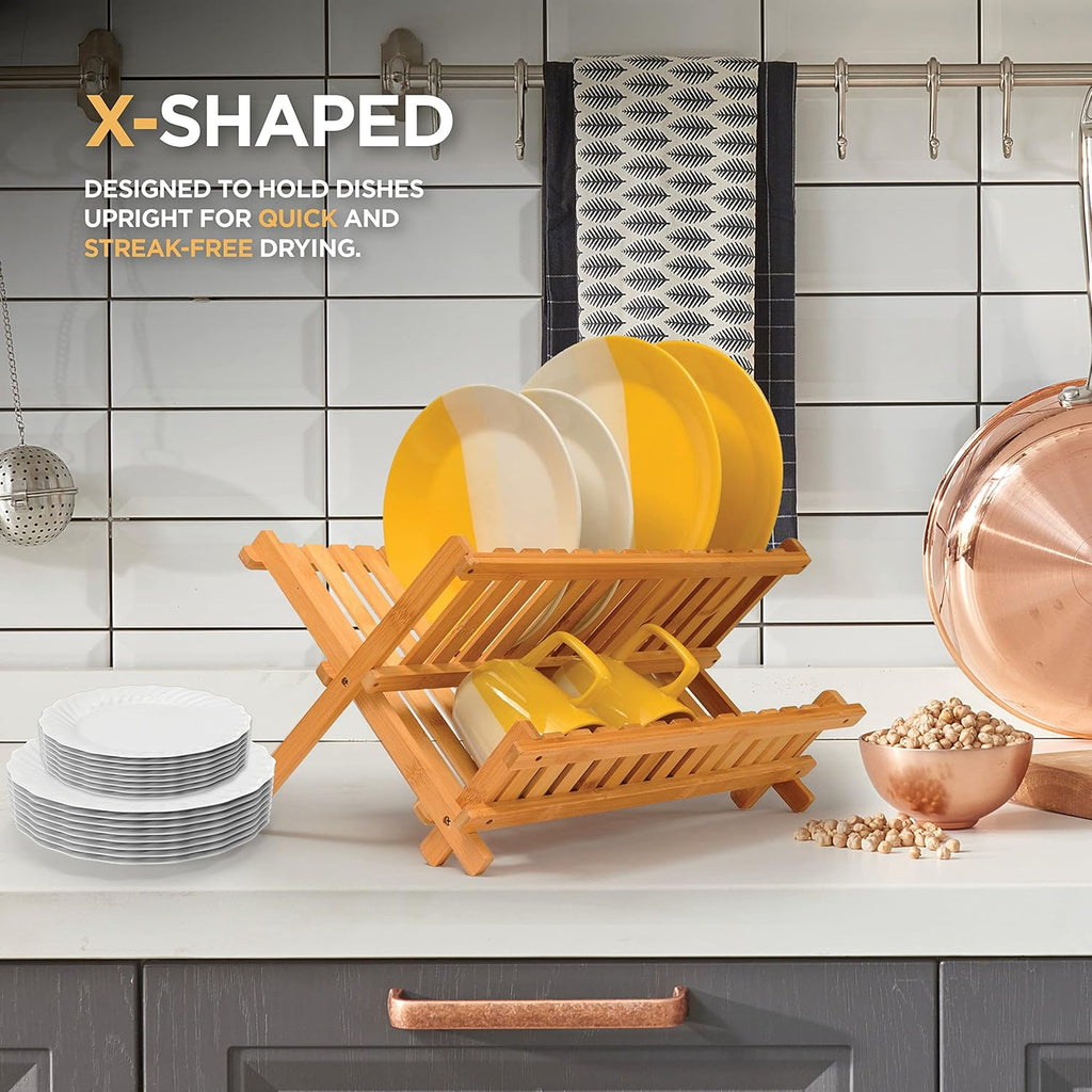 Dish Drying Rack - Bamboo Dish Rack for Kitchen Counter, Collapsible 2-Tier Wooden Drying Rack for Dishes, Plates, Cups, Utensils - Foldable Dish Drainer, Space-Saving Kitchen Drying Rack Organizer