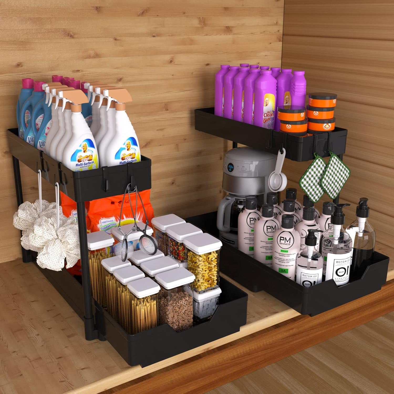 2 Pack under Sink Organizer 2 Tier Sliding Cabinet Organizers Multi-Purpose Sink Storage Basket L-Shape Narrow Space Storage Shelves with 4 Hook for Kitchen Bathroom Drawer, Black