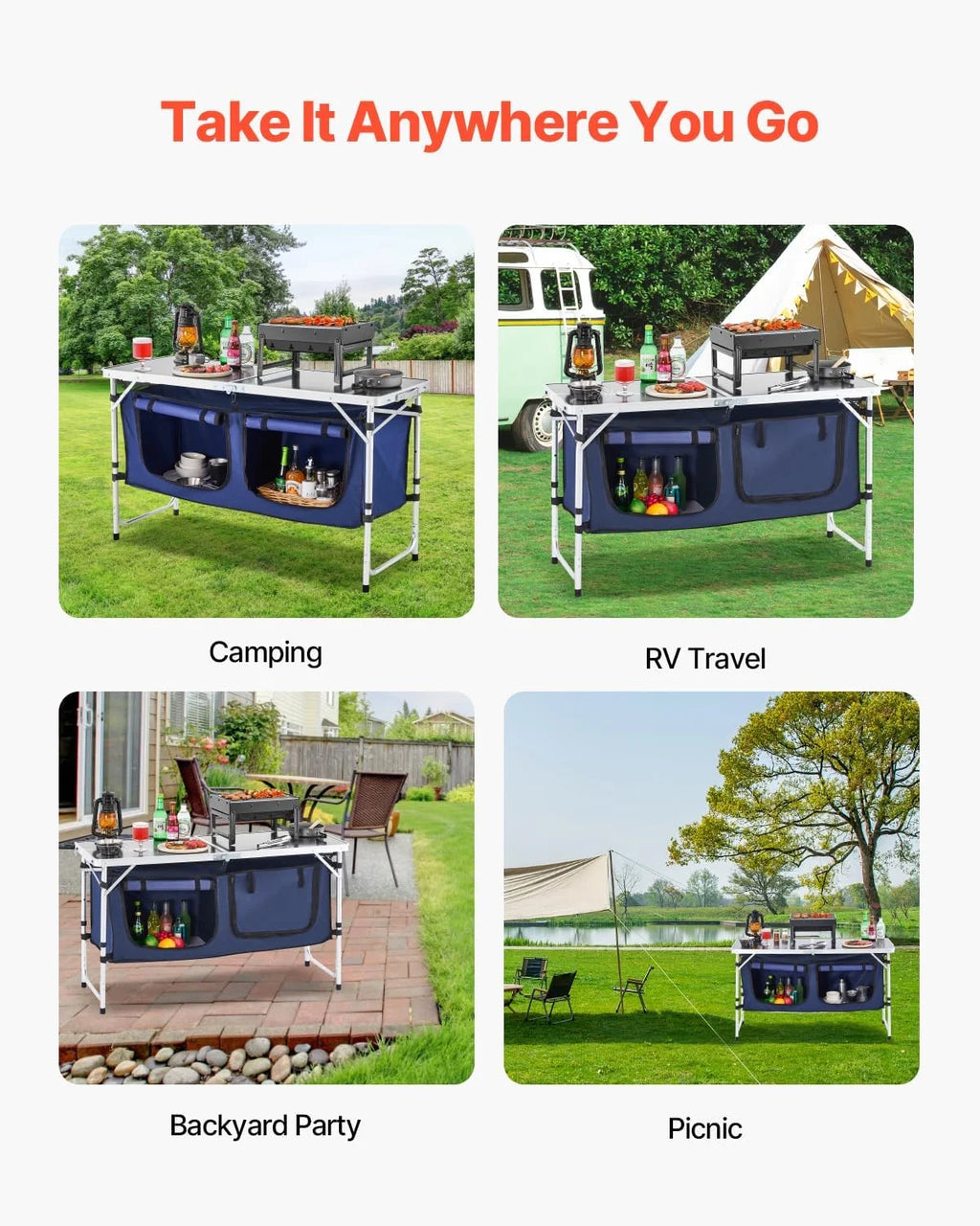 4 Ft Folding Camping Table with Storage, Camping Kitchen Station, Aluminum Portable Folding Table Camp Cook Desk with Storage Organizer and 2 Adjustable Feet, White