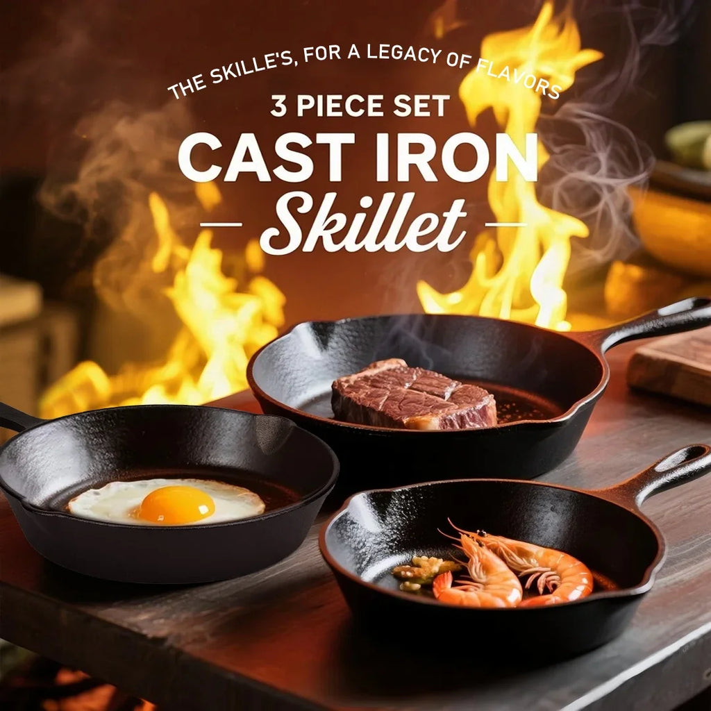Cast Iron Skillet Set,  3-Piece Pre-Seasoned Pan Cookware Set, 10", 8", 6" Frying Pans with Handles, Heavy-Duty Cookware Set with Non-Stick Surface for Saute, Cooking, Pizza