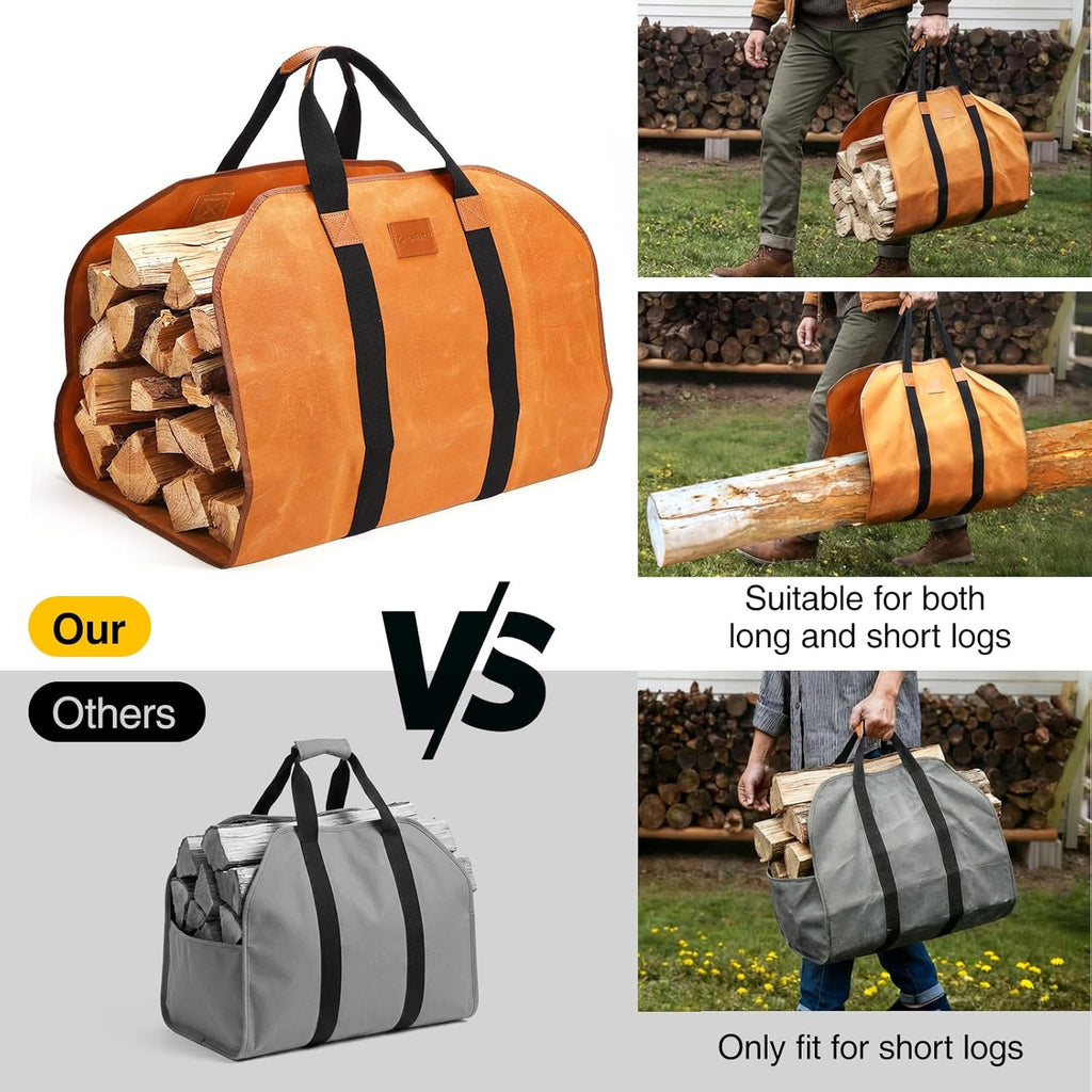 Firewood Carrier Waxed Canvas, 20Oz Heavy Duty and Large Capacity Firewood Log Tote Bag for Wood Carrying, 21'' × 44''