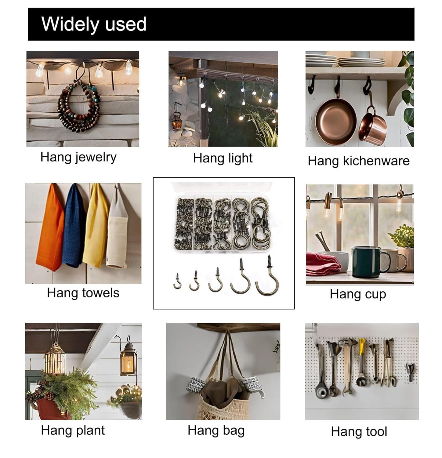 115 Pcs Bronze Cup Screw in Hooks Kit, 5 Sizes Screw Hooks for Hanging,Screw Ceiling DIY Jewelry Christmas Lights Plant Hanger Mug Hooks (1/2" 5/8" 7/8" 1-1/4" 1-1/2")