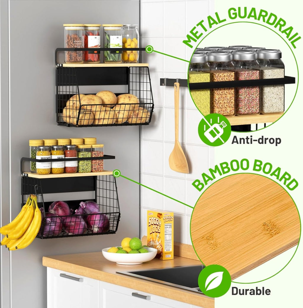 Magnetic Shelf for Fridge with Wood Lid, Fruit Potato and Onion Storage Bins, Pantry Organizers & Storage, Large Container Magnetic Spice Rack for Refrigerator, Kitchen Counter, Cabinet