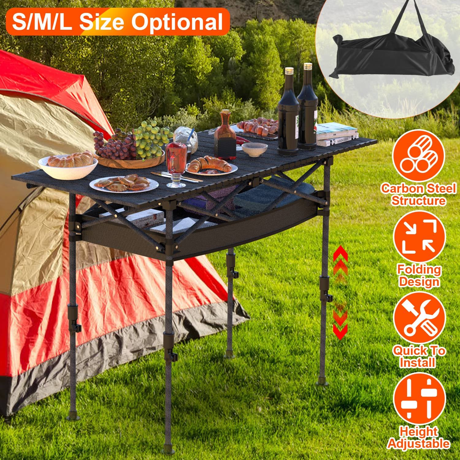 S-M-L Size Options Portable Folding Camping Table with Adjustable Height Rustproof Carbon Steel Foldable Roll-Up Camping Table for Picnic Camping Hiking Beach BBQ 55LBS Max Load
