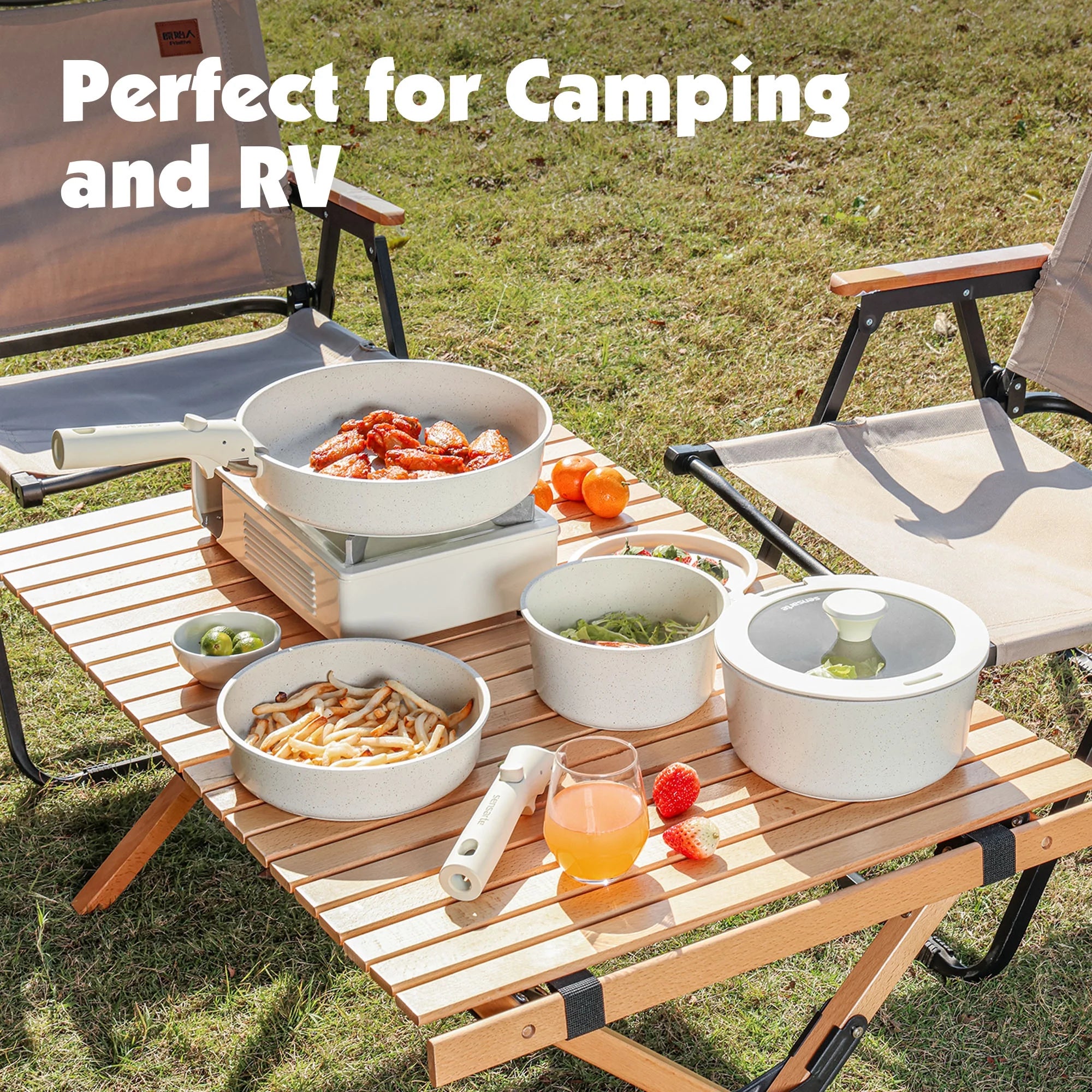 Nonstick Cookware Sets with Detachable Handles, 17Pcs Granite Pots and Pans Set, Induction Kitchen Cookware Sets Stackable White