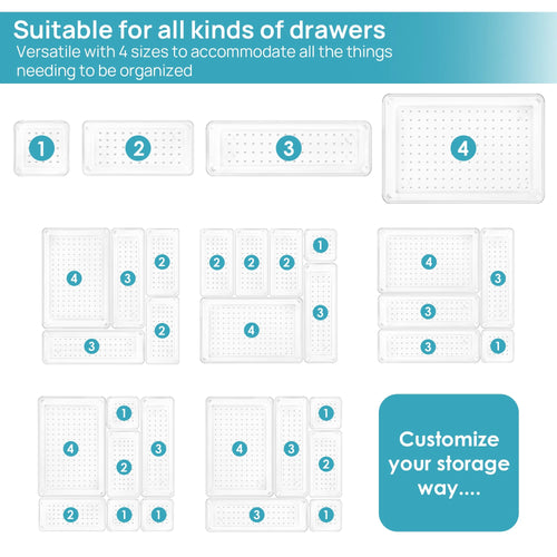 25 PCS Clear Plastic Drawer Organizers Set,  4-Size Versatile Bathroom and Vanity Trays