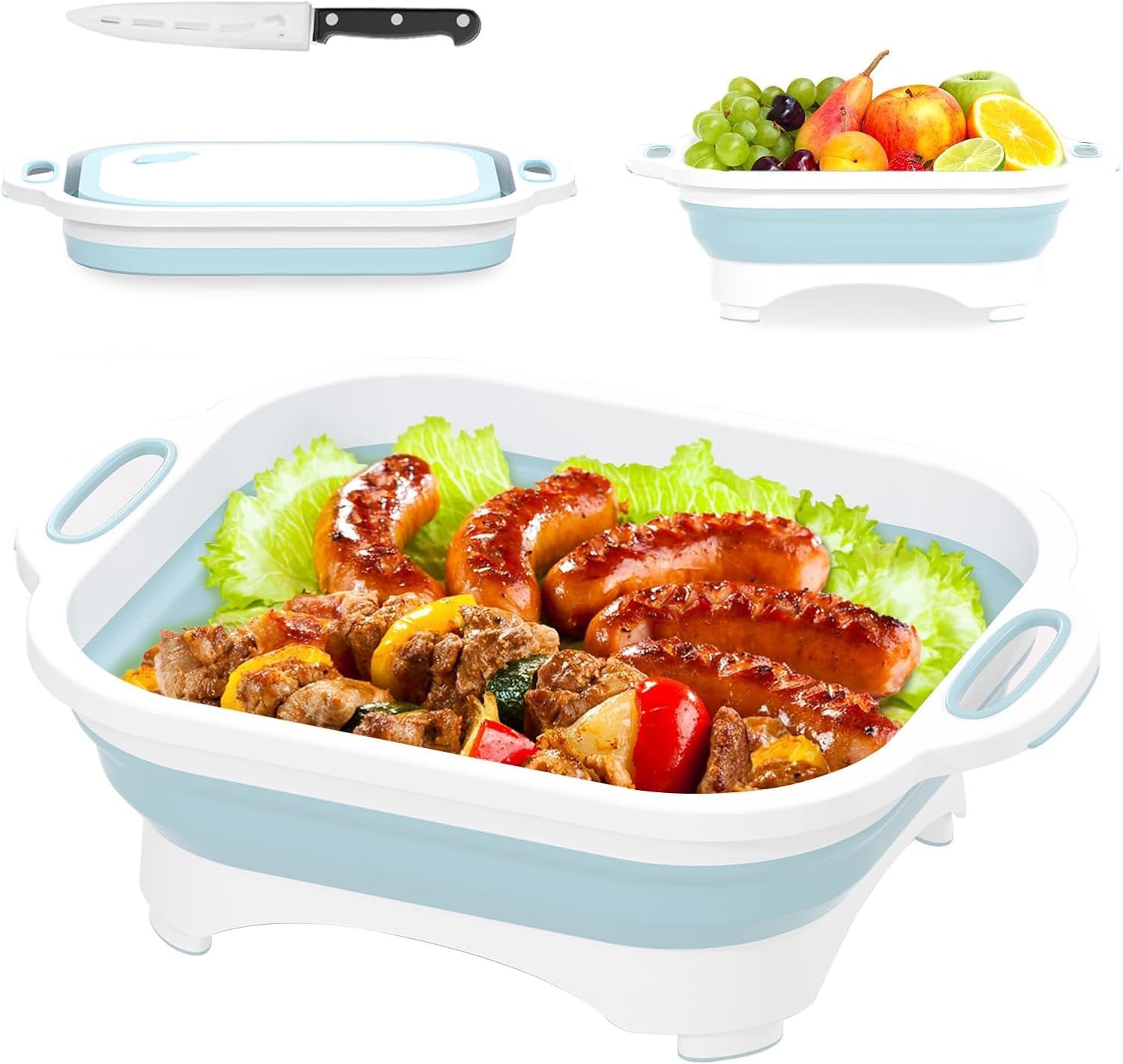 Collapsible Cutting Board, Camping Cutting Board with Knife,Multifunctional Kitchen Vegetable Washing Basket Silicone Dish Tub for Camping Kitchen Essentials/Bbq Prep Tub/Rv Accessories