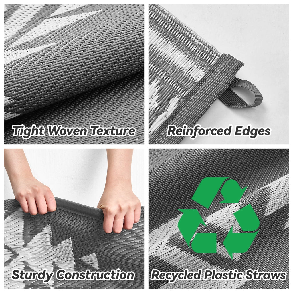 8X10 Feet Waterproof Outdoor Rug - Reversible Gray Plastic Patio Mat, Non-Slip Durable Moroccan Geometric Design for Camping, RV, Balcony, Porch, Picnic