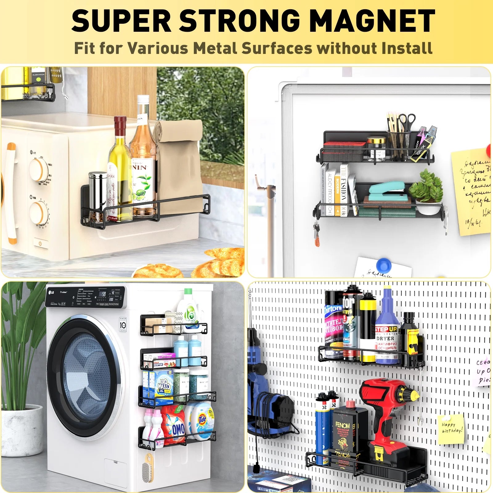 4 Pack Magnetic Spice Rack for Refrigerator and Oven, Magnetic Fridge Organizers and Storage Metal Black, Strong Magnets Shelf Seasoning Organizer Gadgets