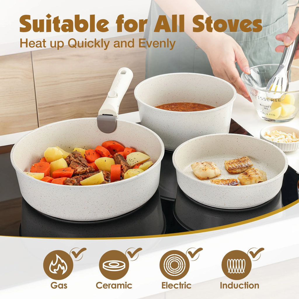 Nonstick Cookware Sets with Detachable Handles, 17Pcs Granite Pots and Pans Set, Induction Kitchen Cookware Sets Stackable White