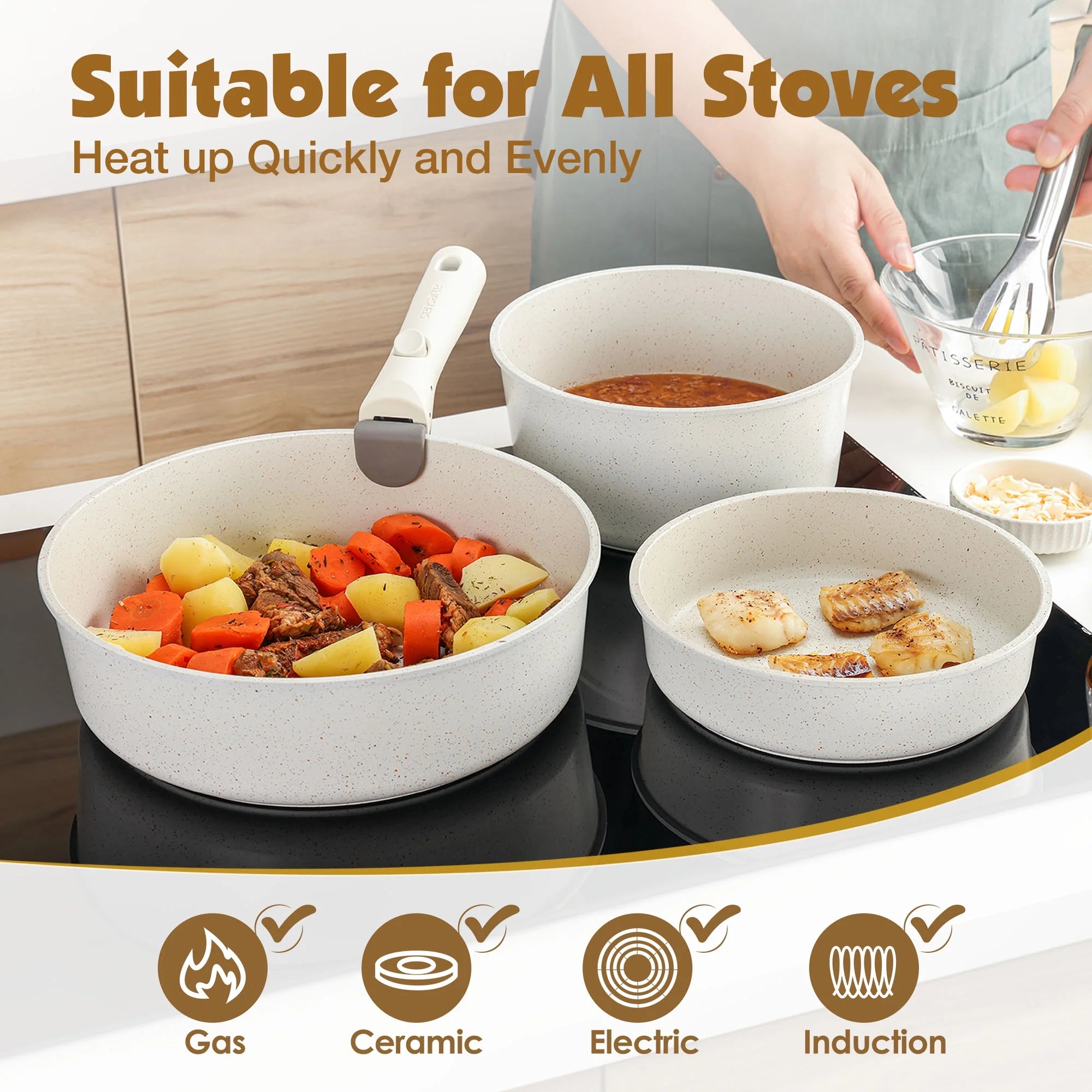 Nonstick Cookware Sets with Detachable Handles, 17Pcs Granite Pots and Pans Set, Induction Kitchen Cookware Sets Stackable White