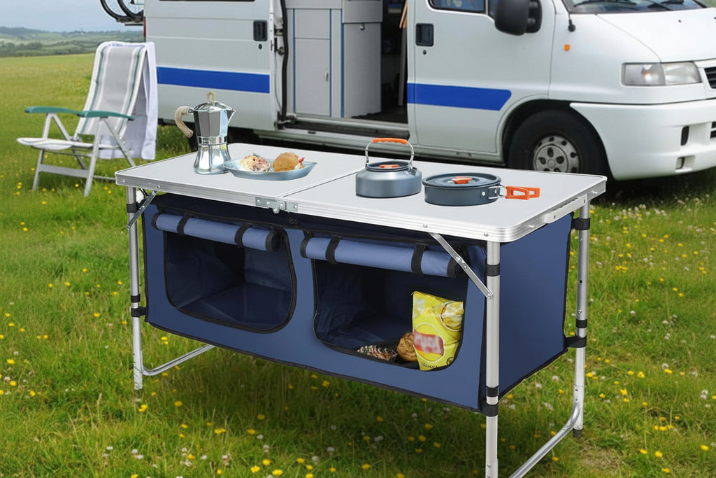 4 Ft Folding Camping Table with Storage, Camping Kitchen Station, Aluminum Portable Folding Table Camp Cook Desk with Storage Organizer and 2 Adjustable Feet, White