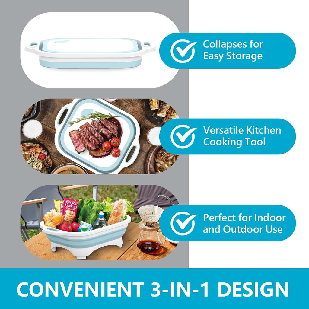 Collapsible Cutting Board, Camping Cutting Board with Knife,Multifunctional Kitchen Vegetable Washing Basket Silicone Dish Tub for Camping Kitchen Essentials/Bbq Prep Tub/Rv Accessories