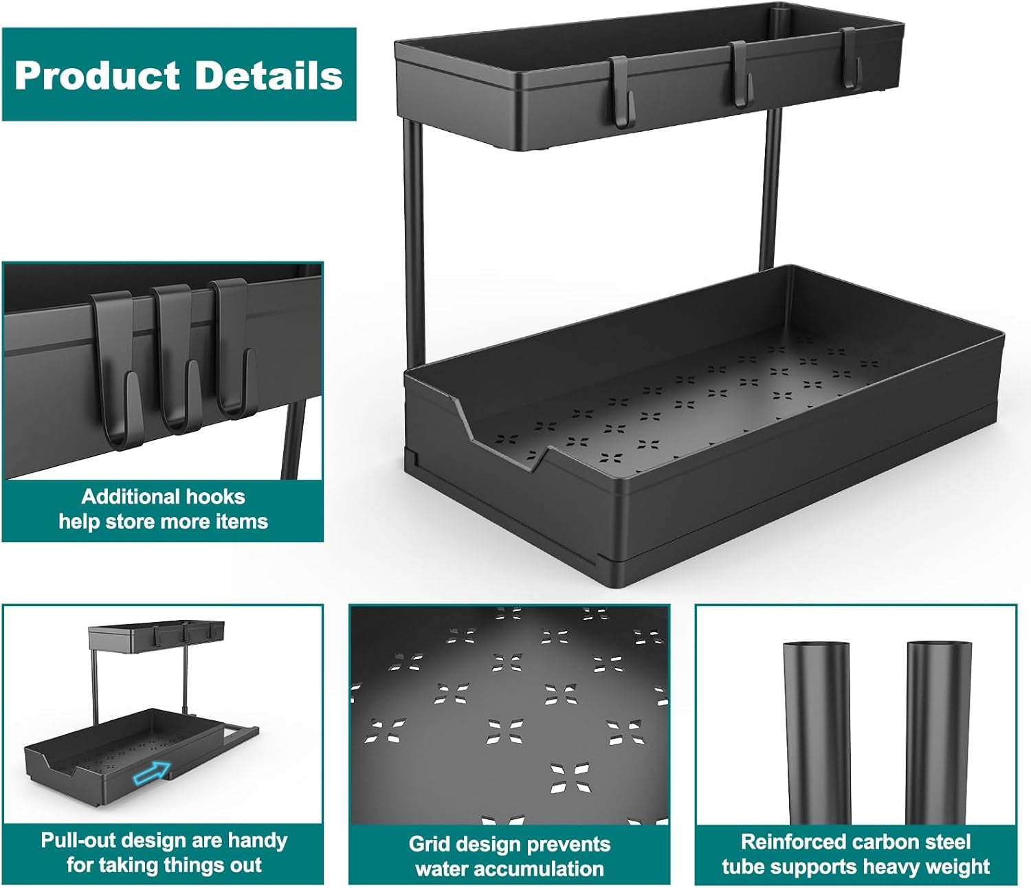 2 Pack under Sink Organizer 2 Tier Sliding Cabinet Organizers Multi-Purpose Sink Storage Basket L-Shape Narrow Space Storage Shelves with 4 Hook for Kitchen Bathroom Drawer, Black