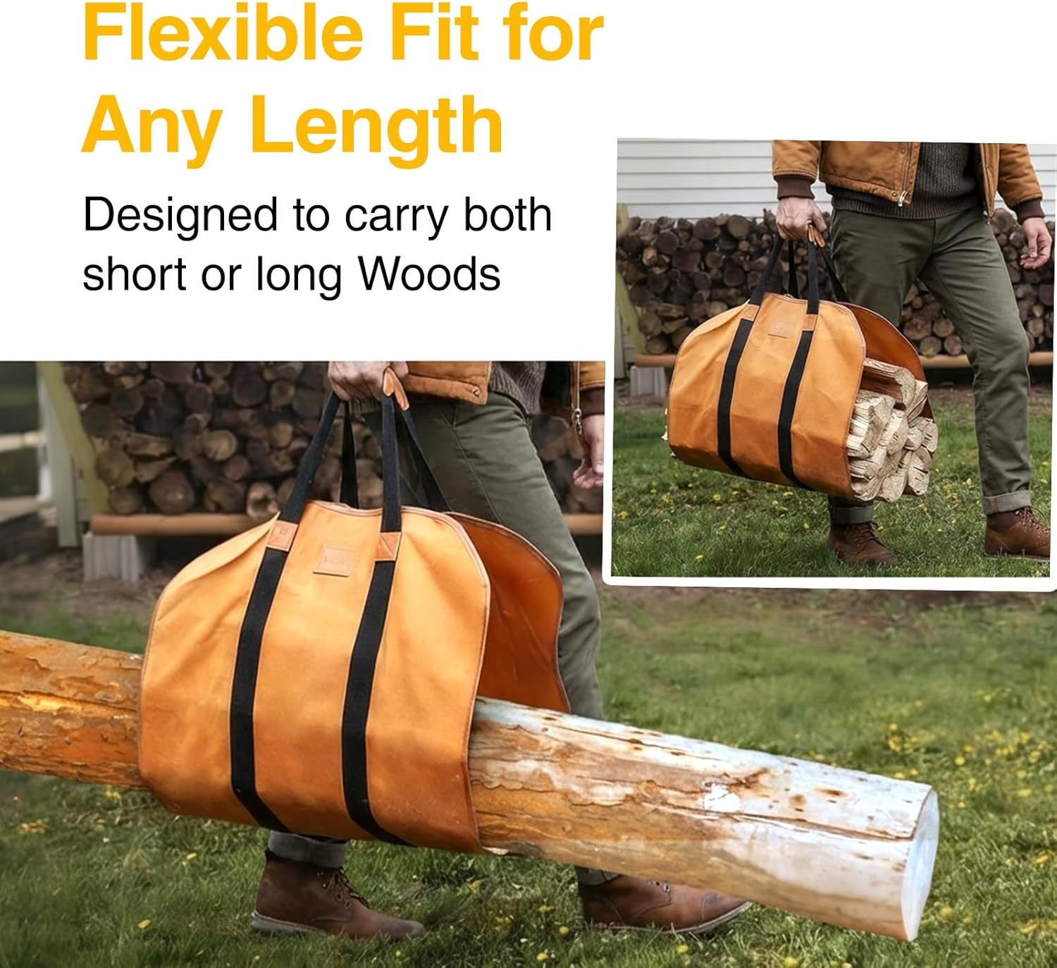 Firewood Carrier Waxed Canvas, 20Oz Heavy Duty and Large Capacity Firewood Log Tote Bag for Wood Carrying, 21'' × 44''