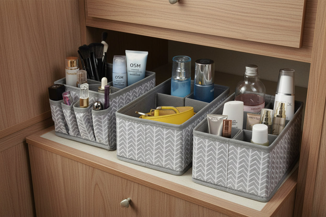 Cosmetic Storage Bins Makeup Organizer, Adjustable Multifunction Storage Box Desk Drawer Divider for Makeup Brushes, Bathroom Countertop or Dresser, Set of 3 (Grey)