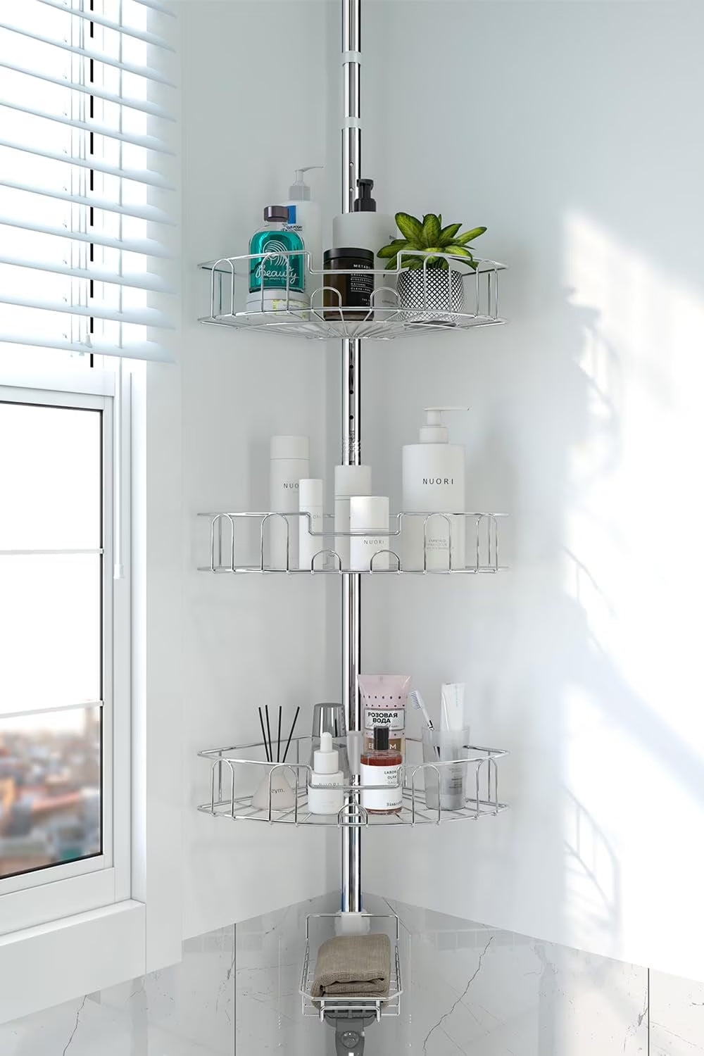 Silver Shower Caddy Corner Tension Pole, Stainless Steel Adjustablecorner Shower Caddy Stand for Bath inside Shower Organizer Storage, Rust-Resistant, 54 to 125 Inch