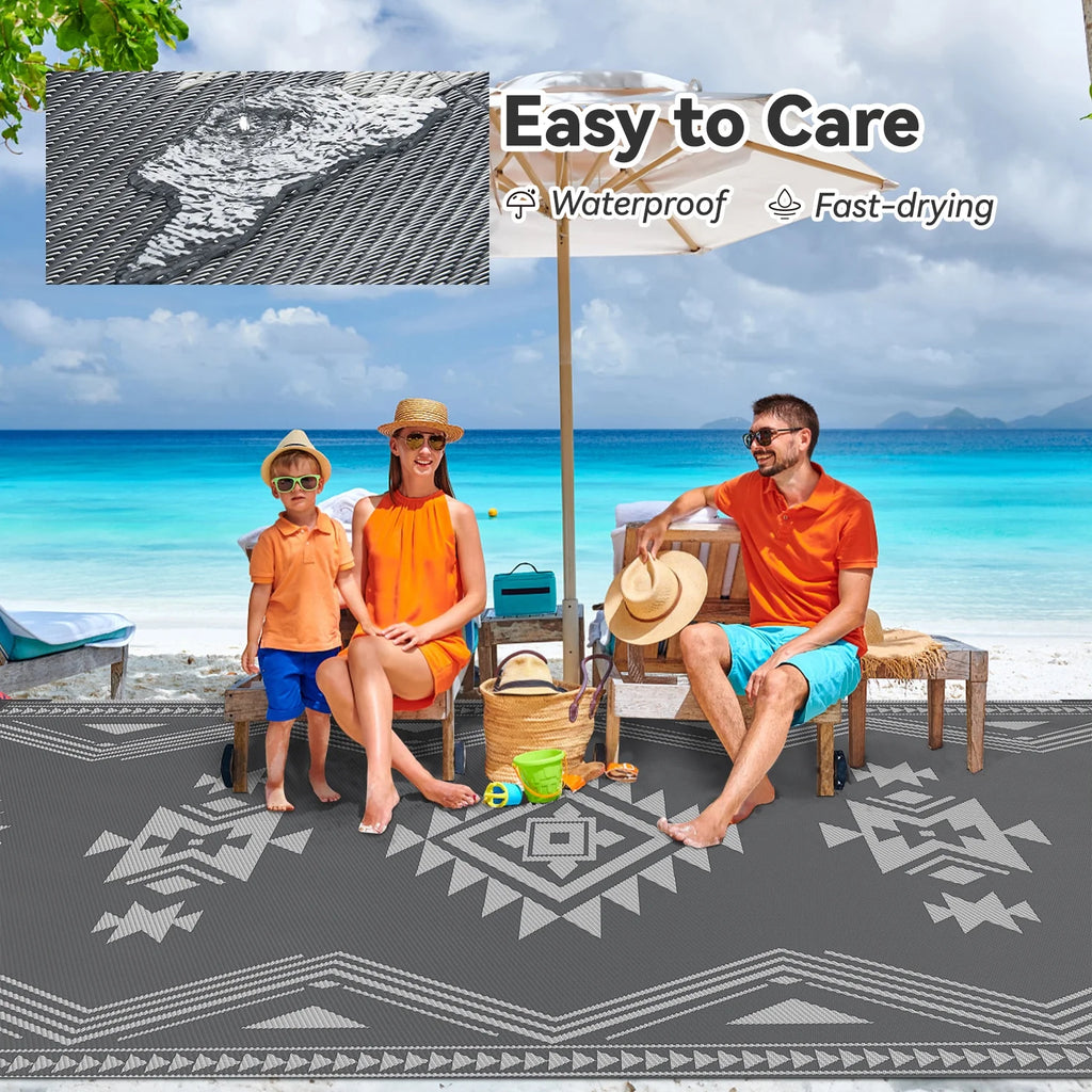 8X10 Feet Waterproof Outdoor Rug - Reversible Gray Plastic Patio Mat, Non-Slip Durable Moroccan Geometric Design for Camping, RV, Balcony, Porch, Picnic