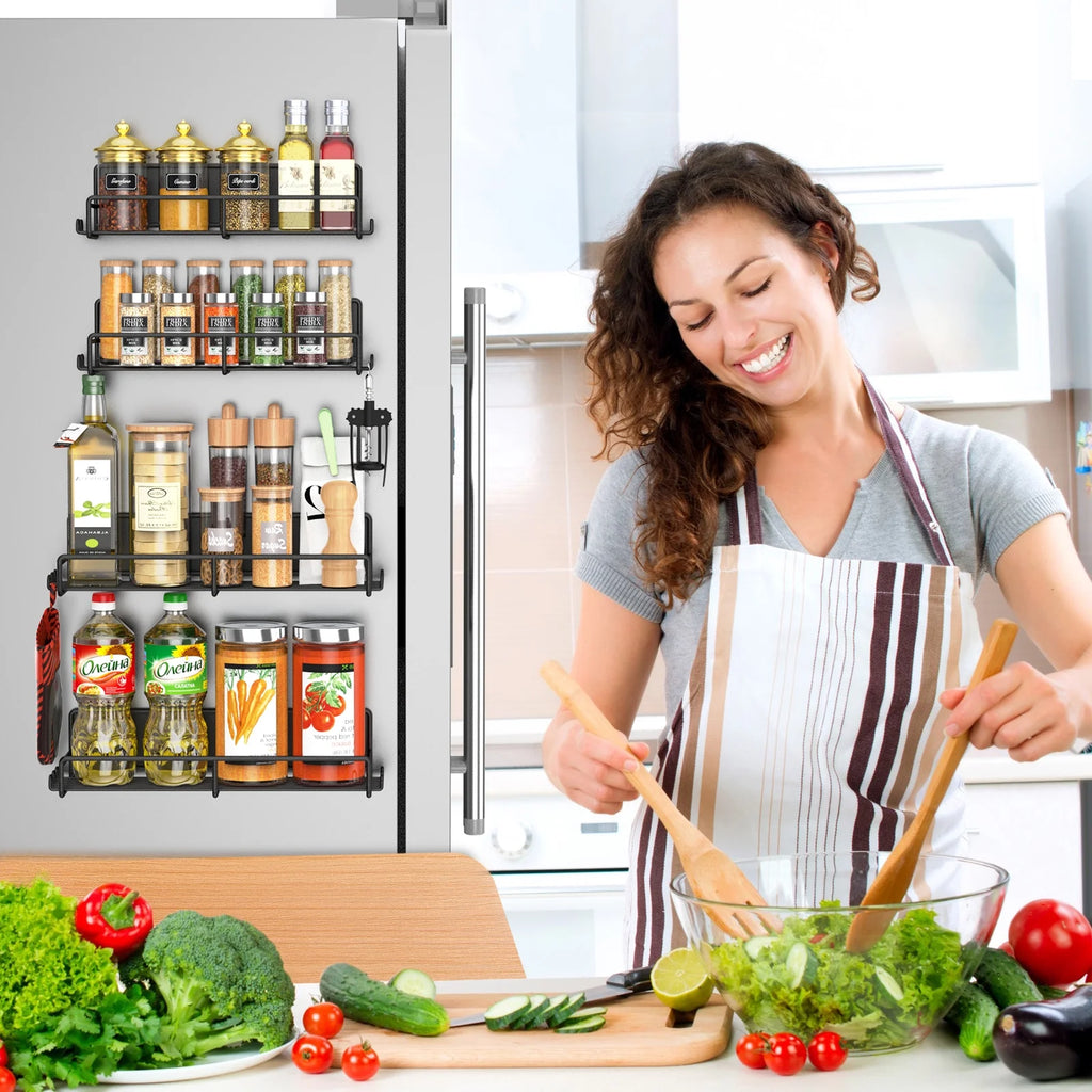 4 Pack Magnetic Spice Rack for Refrigerator and Oven, Magnetic Fridge Organizers and Storage Metal Black, Strong Magnets Shelf Seasoning Organizer Gadgets