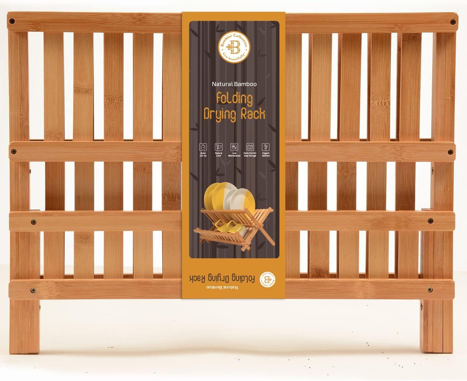 Dish Drying Rack - Bamboo Dish Rack for Kitchen Counter, Collapsible 2-Tier Wooden Drying Rack for Dishes, Plates, Cups, Utensils - Foldable Dish Drainer, Space-Saving Kitchen Drying Rack Organizer